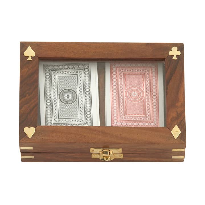 Import Corner - Wholesale Decorative Box - A-28487: WOOD BRASS GLASS CARD BOX 7"W, 2"H0