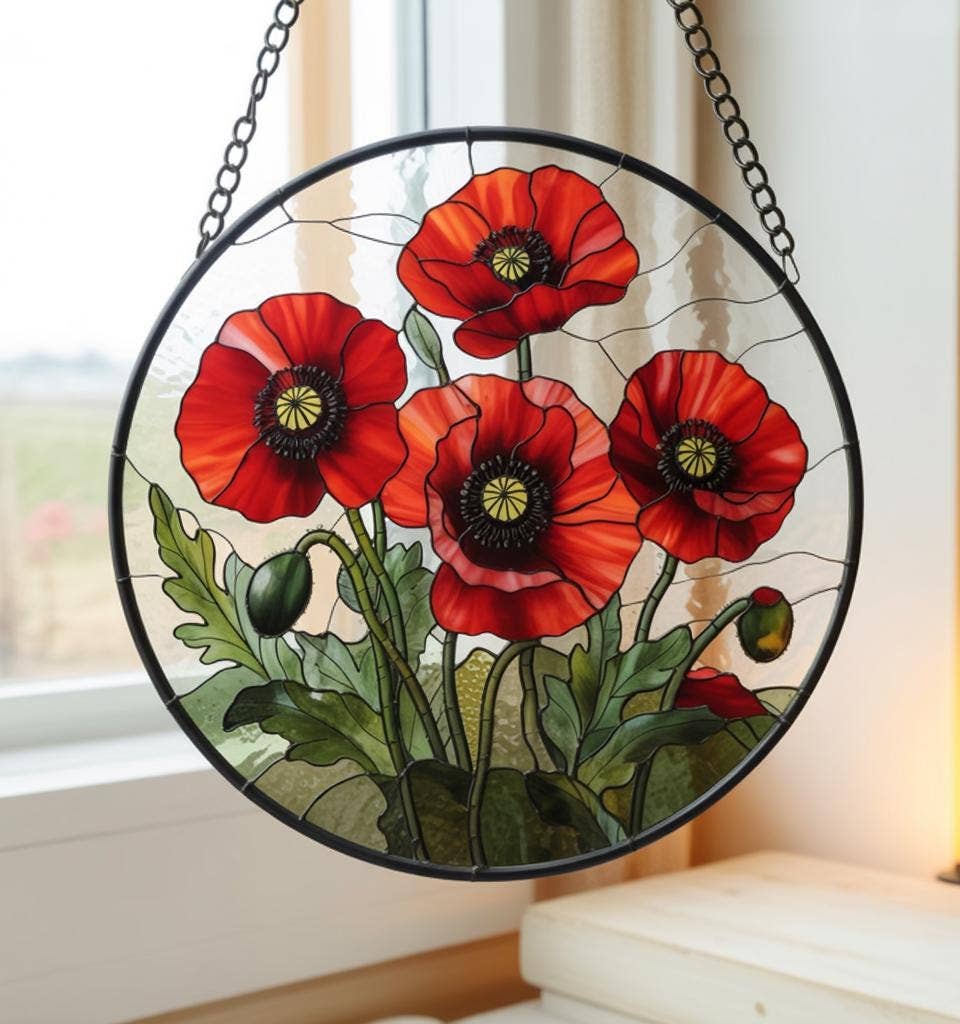 NVC Ecommerce LLC - Wholesale Suncatcher - Stained Glass Poppy Flowers Suncatcher, Florist Home Decor 1