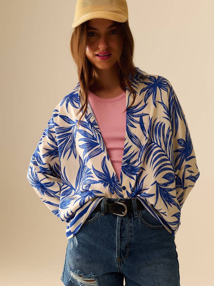 Tropical Motif Relaxed Blouse in Blue and White for wholesale by Q2—All Orders:Free Duties for the US,UK,and Canada
