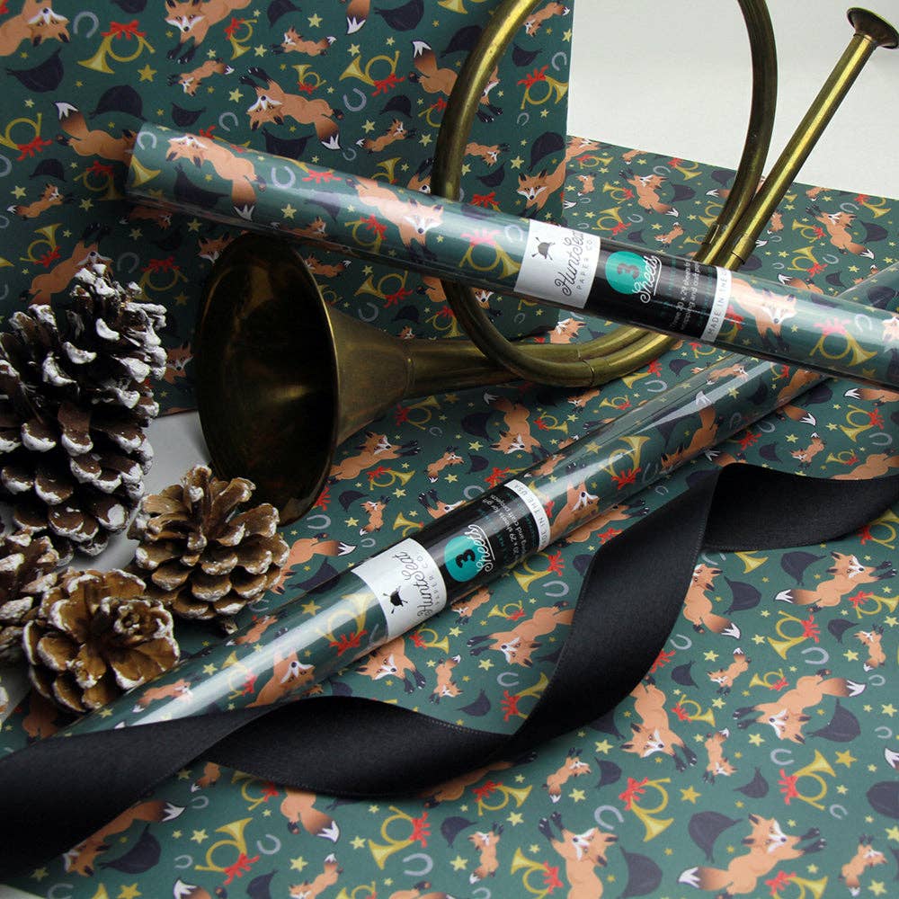 Hunt Seat Paper Co. - Wholesale Wrapping Paper Roll - Holiday Fox - Equestrian Horse Gift Wrapping Paper1
