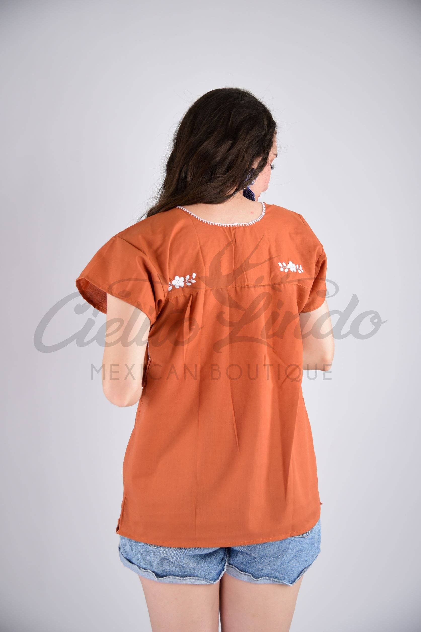 Burnt Orange Mexican Blouse Full Embroidered Texas Longhorns for wholesale on Faire3