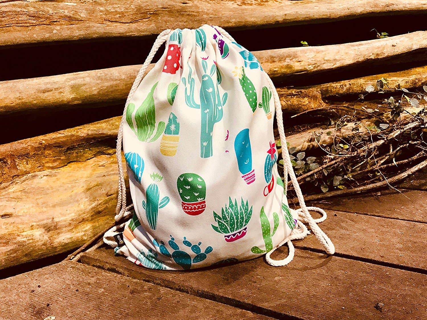 HECKBO - Vente Sac à cordon de serrage – enfant - Sac de sport pour enfants et adultes avec motif cactus beige3