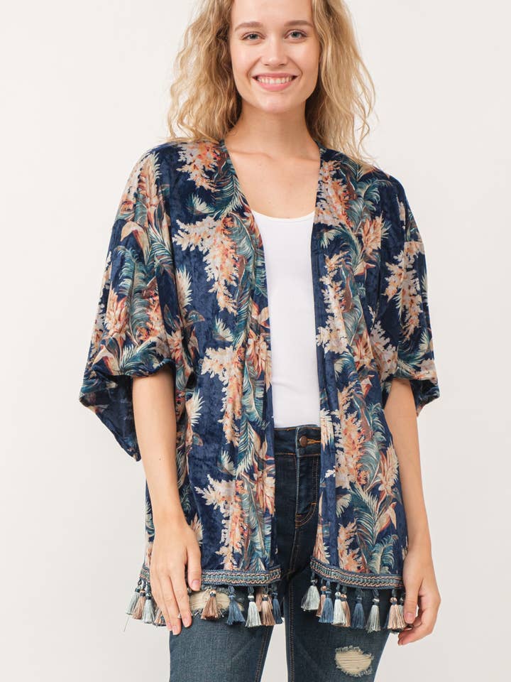 Aerin Faux Velvet Floral Tassel Kimono for wholesale by Raj Trading & Imports (USA) Inc.