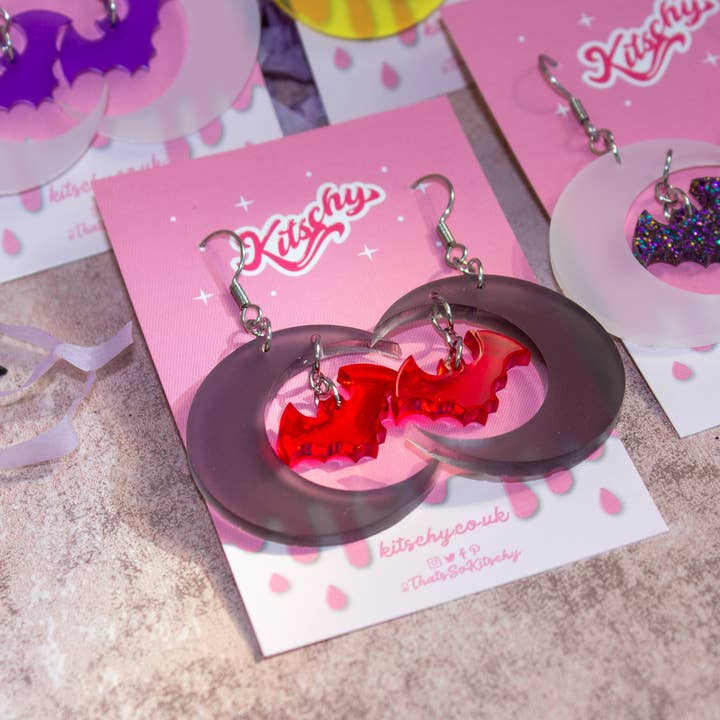 Kitschy - Wholesale Dangle Earrings - Obsidian Moon Bat Earrings Laser Cut Acrylic4