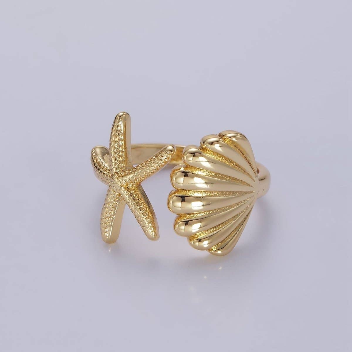 Aim Eternal - Wholesale Cocktail/Statement Ring - 14K Gold Filled Ocean Starfish Clam Sea Shell Open Wrap Ring in Gold & Silver | O333