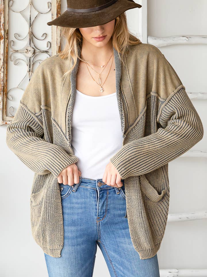 Heyson - Wholesale Cardigan - Women's - EO1075 WESTERN WASHED TERRY CARDIGAN WITH CABLE KNIT SWEATER