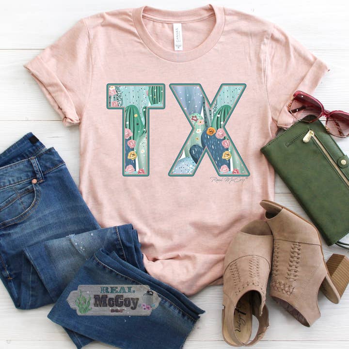 Pastel Cactus State Abbreviation Tee for wholesale by Real McCoy Mercantile, LLC