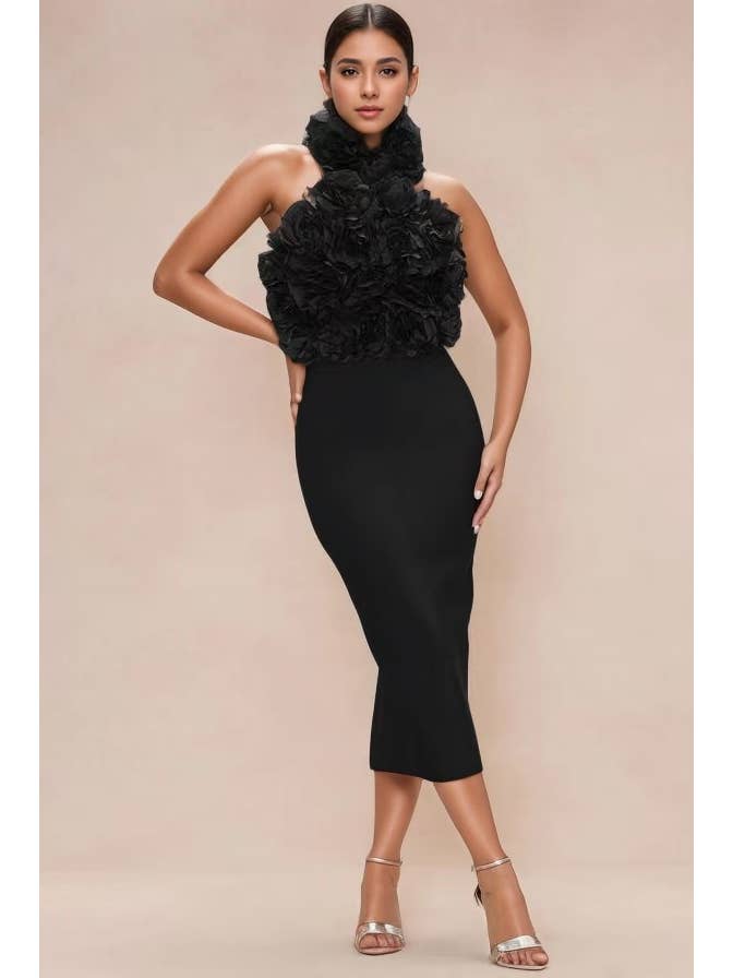 Productseeker - Wholesale Dress - Women's - DR523 Halter Neck Bandage Dress with Floral Embellishments5