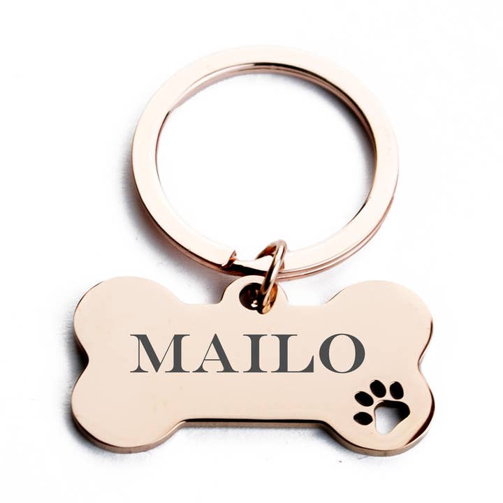 Personalized Dog Tag Rose Gold Stainless Steel Bone Engraving Keychain for wholesale by Tierluxe