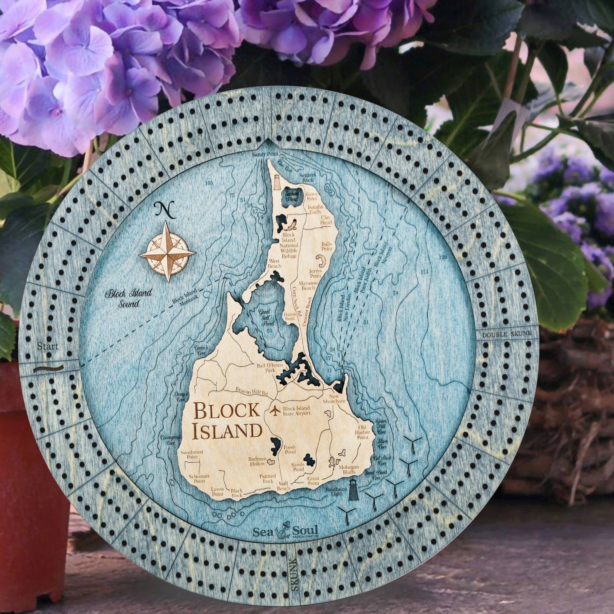Sea & Soul Nautical Chart Art - Vente Jeux de cartes - Planche de cribbage en bois nautique personnalisée de Block Island4