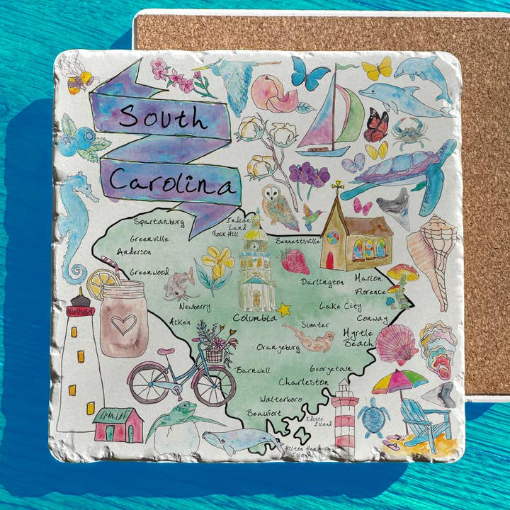 South Carolina State Icons Map Tumbled Stone Trivet for wholesale by Avery's Home