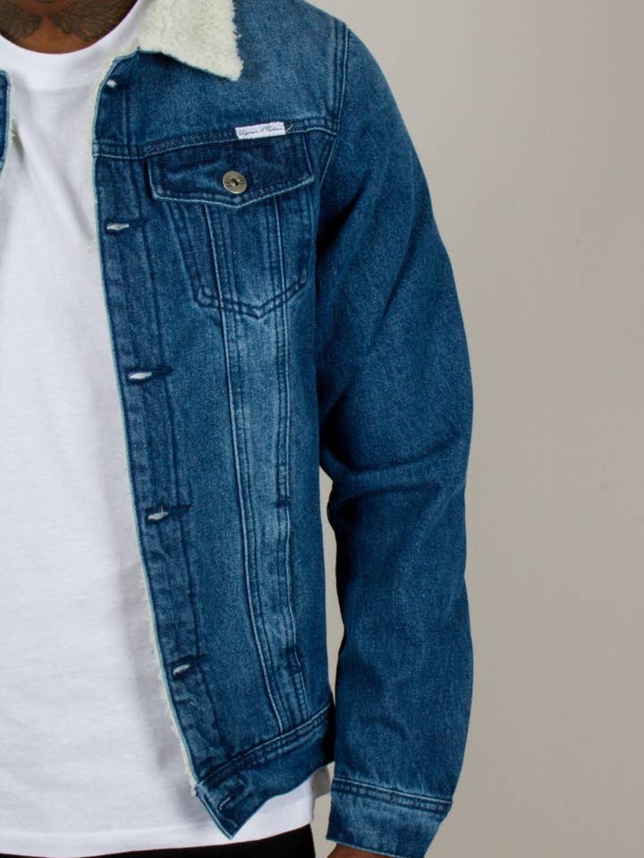 Denim Jacket With Borg Collar In Dark Indigo for wholesale by LIQUOR N POKER