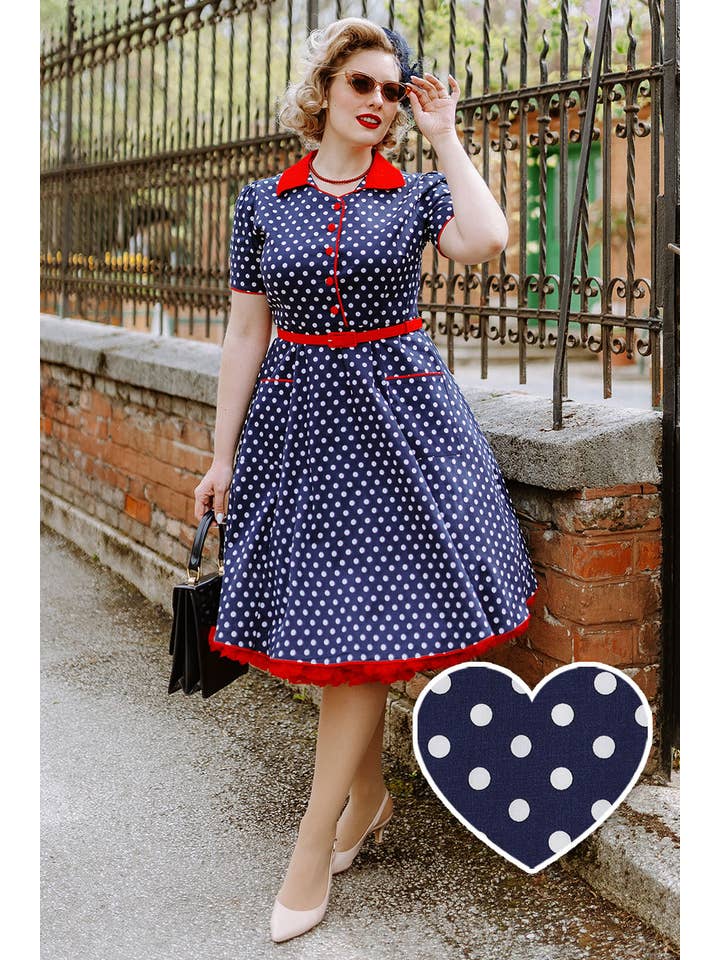 Dolly & Dotty - Wholesale Dress - Women's - Penelope Rockabilly Blue Polka Dot Shirt Dress