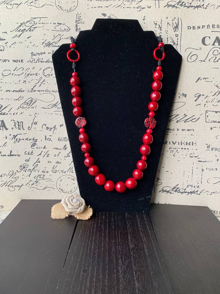Red statement necklace Bubblegum beads necklace Wearable art Tagua necklace Fall fashion 2025s Big bold necklaces Art to wear Fall fashion for wholesale by Galapagos Tagua