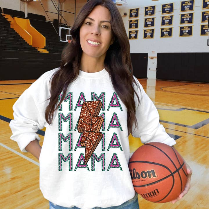 Mama Stacked Basketball Lightning Faux Glitter Fleece for wholesale by MidWest Tees