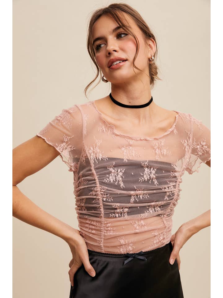 Listicle - Wholesale T-Shirt - Women's - Semi Sheer Floral Mesh Ruched Layering Top