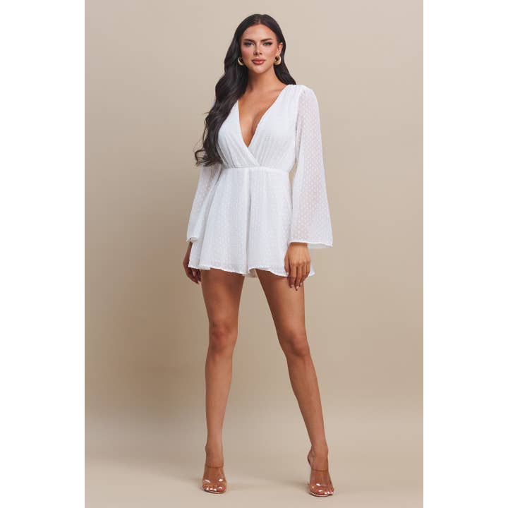 The Sang - Wholesale Romper - Women's - BELL SLEEVES WITH FEATHER TRIM DEEP V NECK ROMPER
