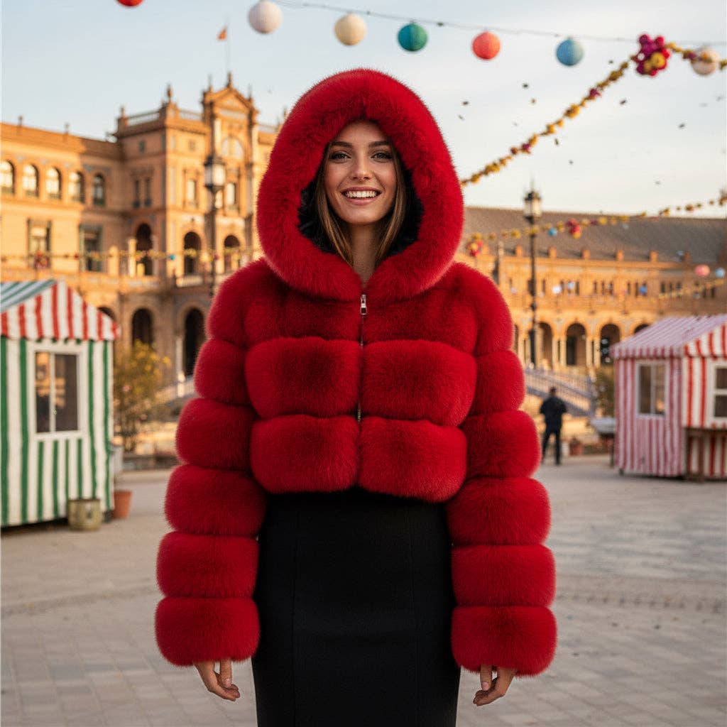 EMMA WU DESIGN – wholesale Fur/faux fur coat – Women's – EMMA WU SELECTION Short long-sleeve faux fur coat with hood0