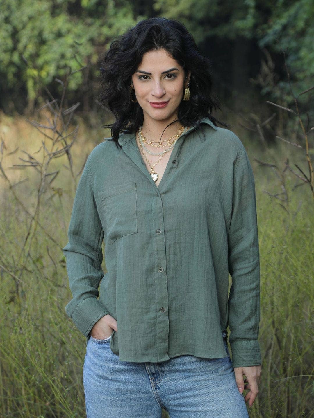 Olive cotton gauze blouse with heart embroidery for wholesale on Faire1