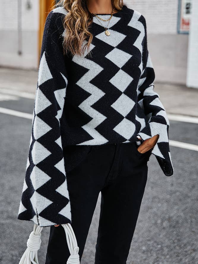 Black Chevron Diamond Pattern Knitting Sweater JYYS090 for wholesale by UNISHE