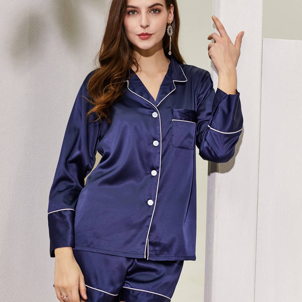 Mackleys - Wholesale Sleepwear Set - Women's - PREORDER Satin Long Sleeve and Short PJ Set1