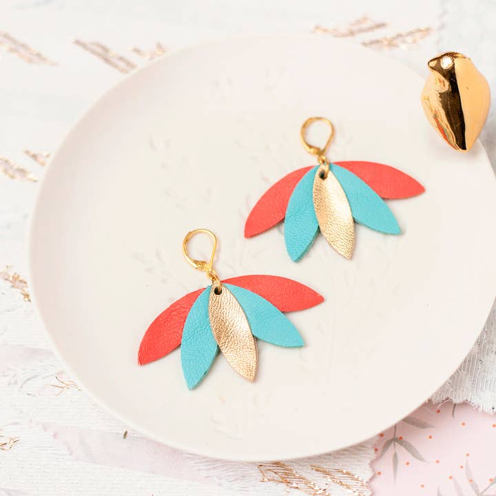 Palm Leaves Earrings – Gold, Cyan Blue, Coral Leather for wholesale by Chenoha Studio