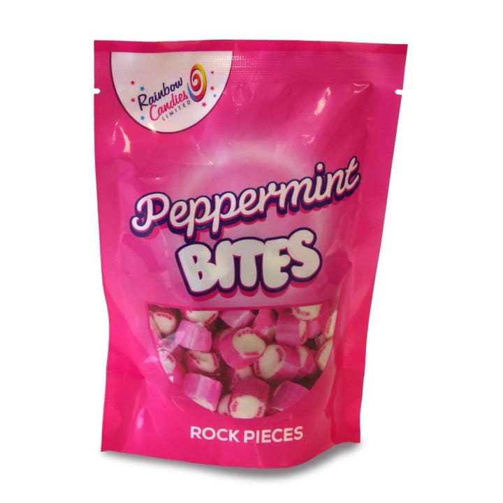 UK ONLY. Rock Pouch - Peppermint Bites 150g for wholesale by Hames Chocolates
