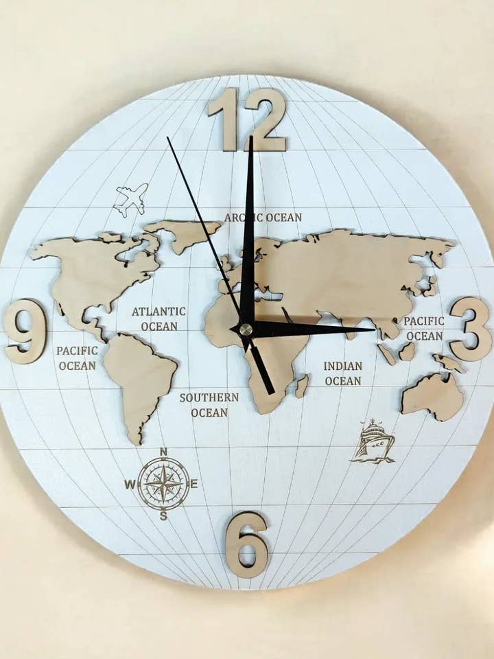 Wooden Wall Clock World Map for wholesale by Laser by D.A.M.