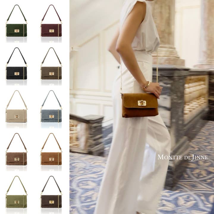 Italiensk Premium Ruskind Mini Crossbody Clutch med Guldkæde for engroshandel hos MONTTE DI JINNE