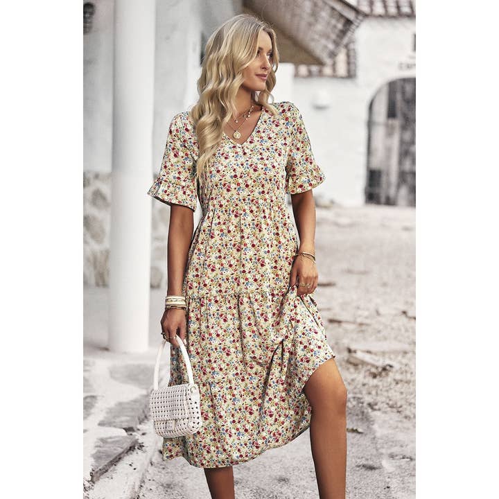 Supreme Fashion - Wholesale Dress - Women's - Boho Floral Ruffle Hem V Neck Short Sleeve Dress