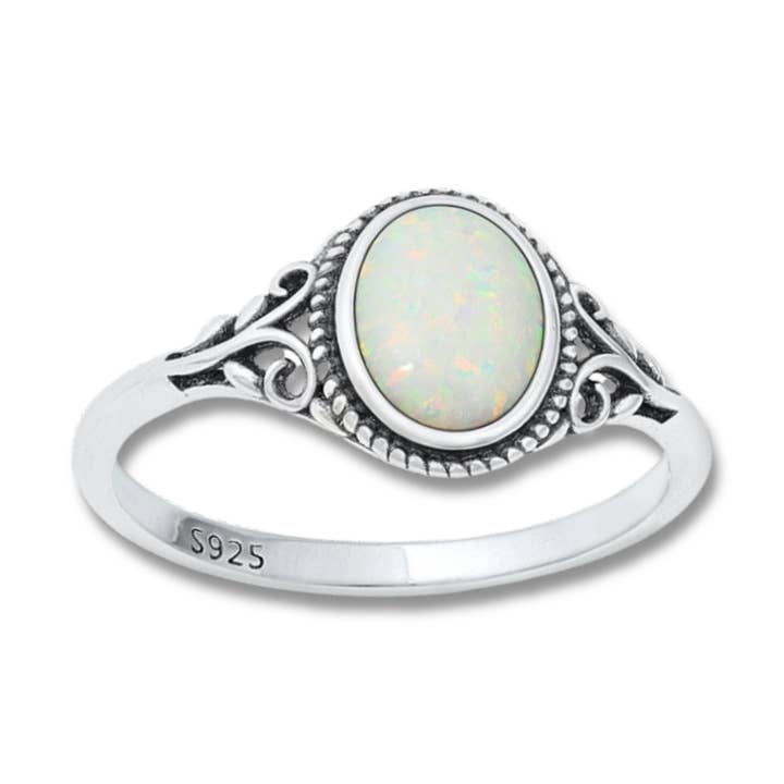 R-43 White Oval Lab Opal Ring for wholesale by Moonrise Jewelry