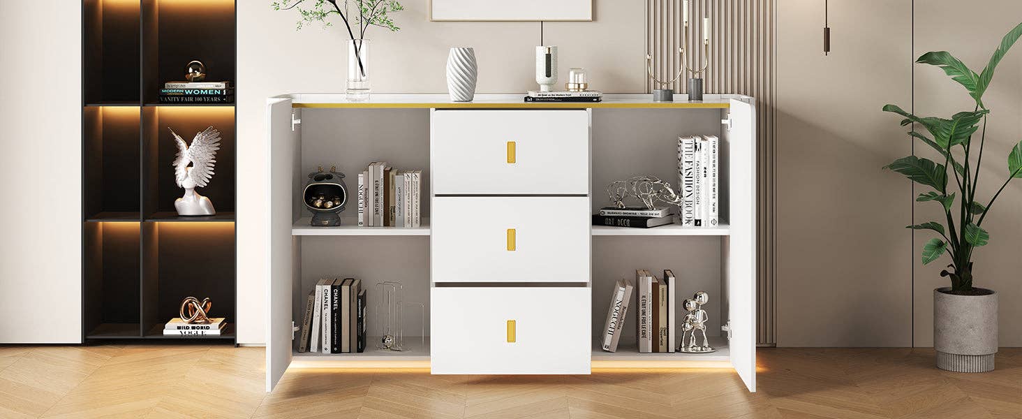Urban Meuble – Aparador por atacado – Buffet branco elegante 2 portas, 2 gavetas com iluminação LED 150*35*80cm KRAUDREL20