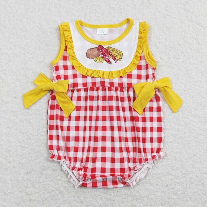 Baby Infant Girls Potato Crawfish Corn Red Checkered Rompers for wholesale by Aier Wholesale