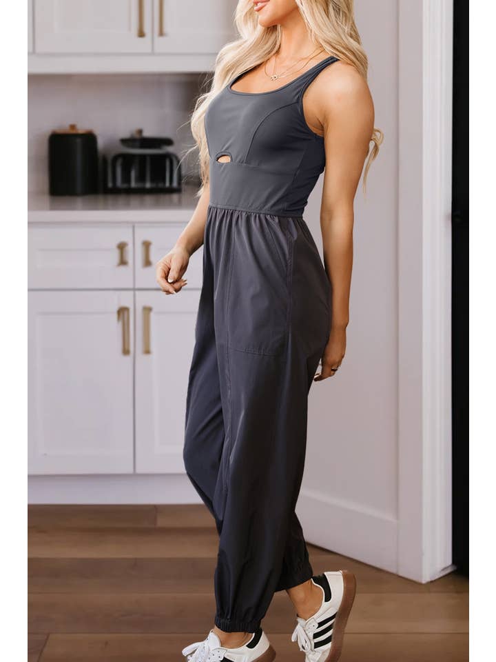 Carbon Grey LDC Back Crossed Straps Hollow Out Jogger Jumpsuit for wholesale on Faire