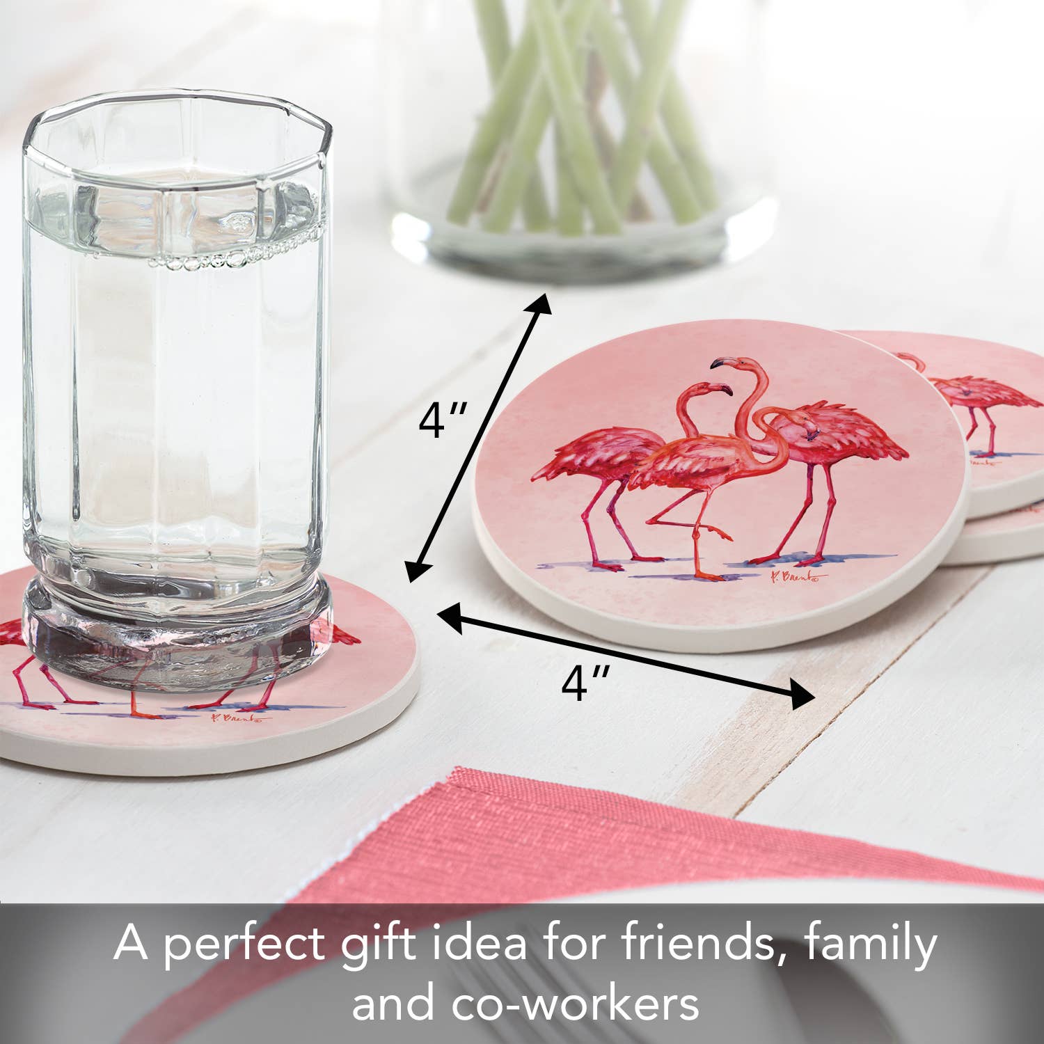 CounterArt/Highland Home/Thirstystone – wholesale Underlägg – ”Hilo Flamingos” 4-pack runda absorberande stenunderlägg3