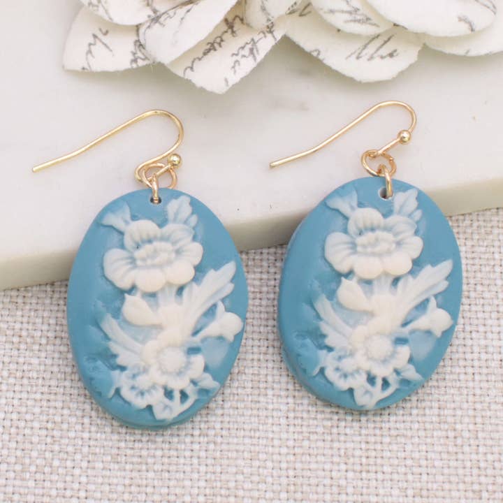 Wholesale Pale Blue Flower Cameo Earrings for your store Faire