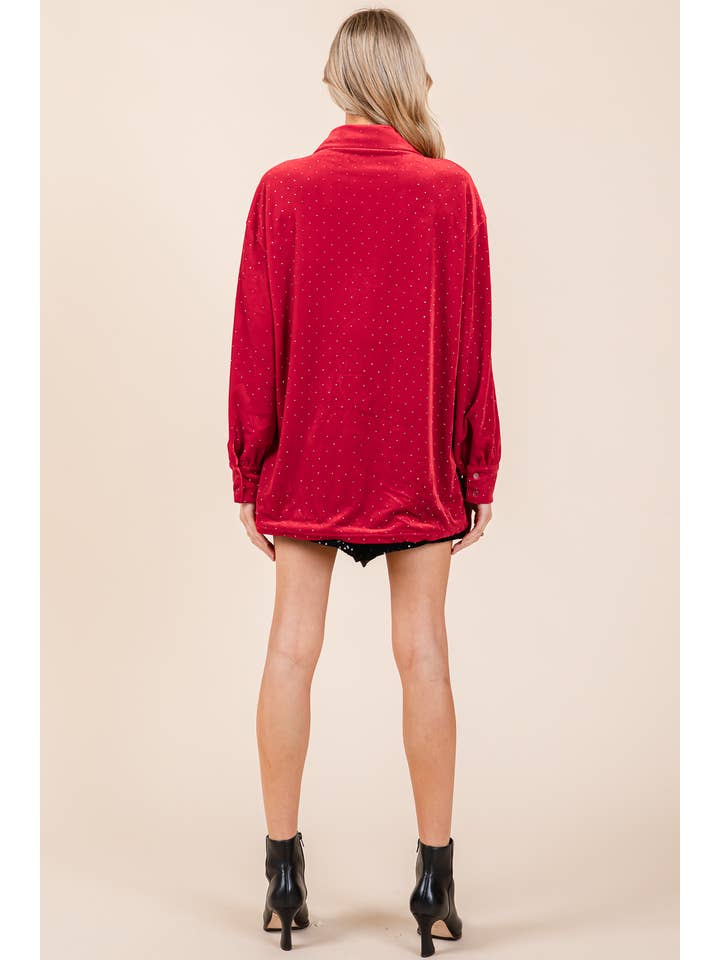 Red Mini Rhinestone Velvet Blouse, MT50776 for wholesale on Faire