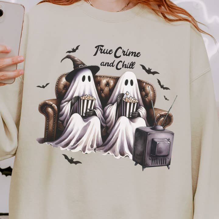 True Crime and Chill Ghosts Halloween Unisex Heavy Blend Crewneck Sweatshirt for wholesale by with love, aj.