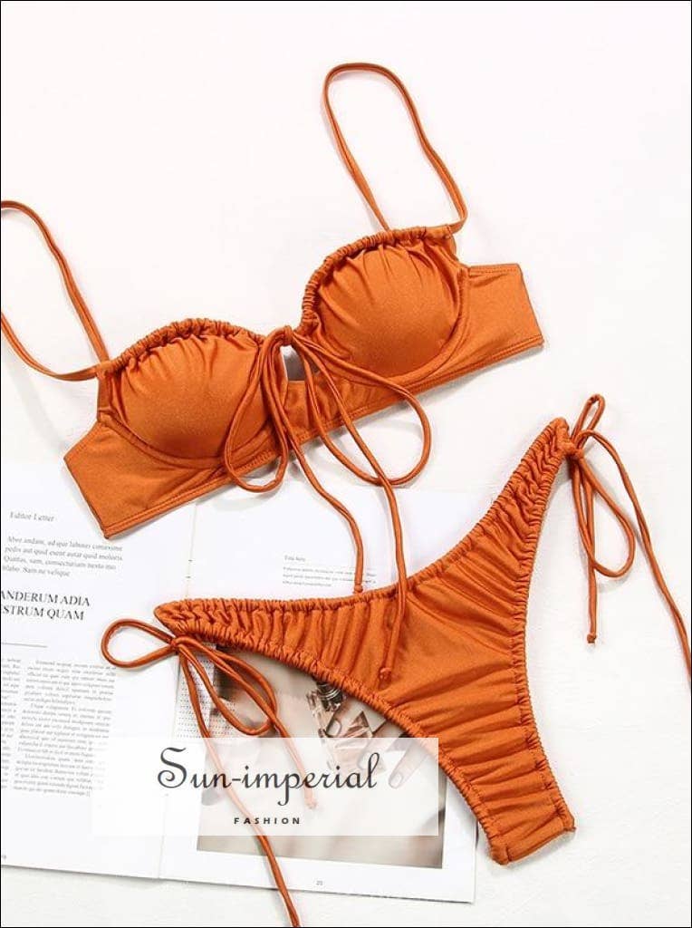 Sun Imperial – wholesale Tvådelad baddräkt - Dam – Enfärgad brun rynkad sport BH Bikini Set14