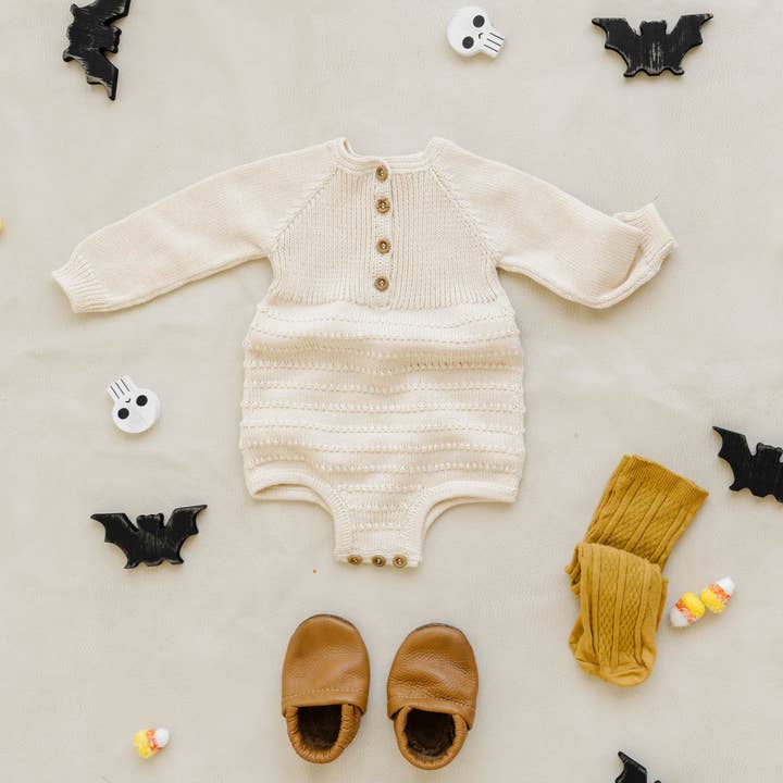 Button Up Romper- Cream for wholesale by Petite Coo