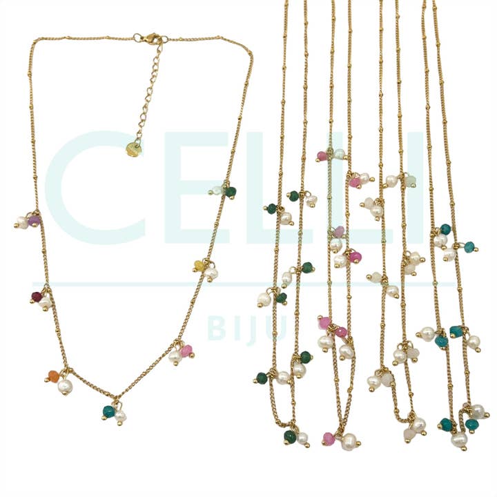 Stalen halsketting met zoetwaterparels en gefacetteerde natuurstenen voor wholesale door Celli Biju