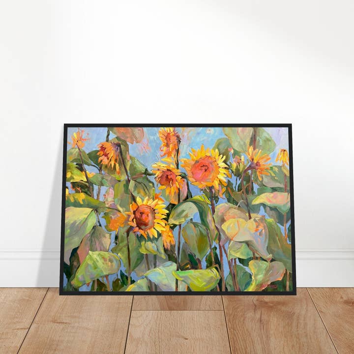 'Girasoli Southwind 1' Floreale | Stampa d'Arte con Cornice in Legno 20x28 pollici | Opera Originale dell'Artista Americana Barbara Cleary per la vendita all'ingrosso da parte di Barbara Cleary Designs