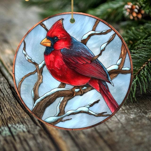 Peeping Tom's Cottage - Wholesale Ornament - Cardinal Christmas Ornament – Porcelain Stained Glass Look – Double Sided – Sold Individually or as Set of 75