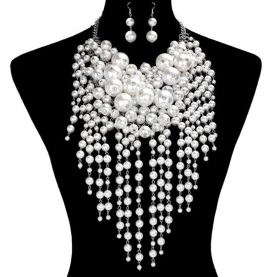 Diacly - Wholesale Beaded/Pearl Necklace - Chunky Dangling Pearls Choker Necklace Set7