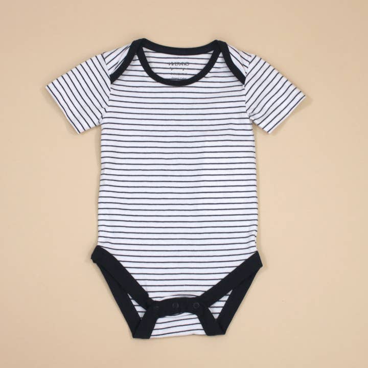 Venice Navy Stripe Short Sleeve Bodysuit (Organic Cotton) for wholesale by Viverano Organics