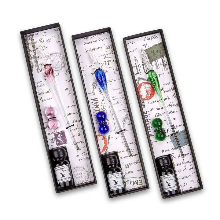 Freund Mayer & Co. - Wholesale Pen - Glass Flower Calligraphy Dip Pen & Ink Set with Pen Rest