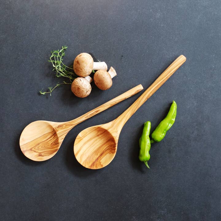 Sobremesa - Wholesale Serving Utensil - 10" Shallow Olive Wood Serving Spoon, Wooden Utensils