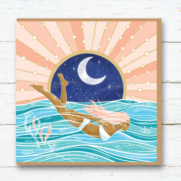 Cornwall Studios – wholesale Everyday greeting card – Midnight Sunshine Swim Greetings Card0