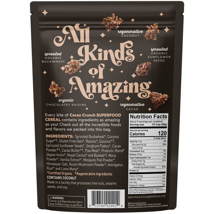 Living Intentions - Wholesale Breakfast Cereal - 9oz Superfood Cereal - Cacao Crunch