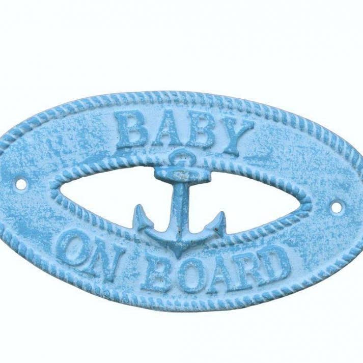 Bebé a bordo de hierro fundido encalado azul claro con letrero de ancla 8" para venta al por mayor de Hampton Nautical